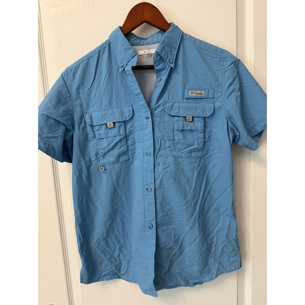 Columbia Mens PFG Bonehead Fishing Shirt Blue Short Sleeve Vented Small
